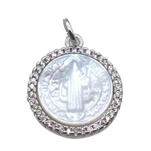 copper circle pendant pave zircon with shell virgin mary, platinum plated, approx 15mm dia