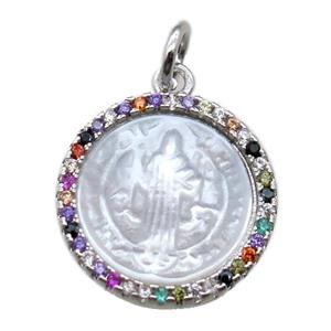 copper circle pendant pave zircon with shell virgin mary, platinum plated, approx 15mm dia