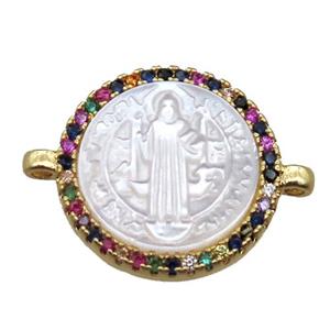 copper circle connector pave zircon with shell virgin mary, gold plated, approx 15mm dia