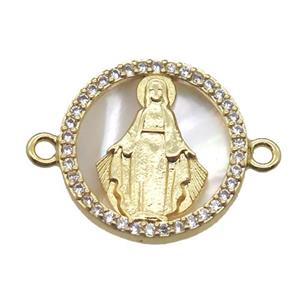 copper circle connector pave zircon with shell virgin mary, gold plated, approx 15mm dia