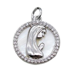 copper circle pendant pave zircon with shell virgin mary, platinum plated, approx 15mm dia