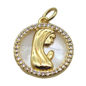 copper circle pendant pave zircon with shell virgin mary, gold plated, approx 15mm dia