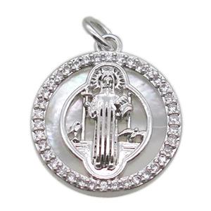 copper circle pendant pave zircon with shell virgin mary, platinum plated, approx 15mm dia