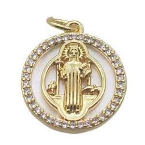 copper circle pendant pave zircon with shell virgin mary, gold plated, approx 15mm dia