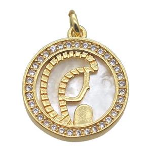 copper circle pendant pave zircon with shell virgin mary, gold plated, approx 15mm dia