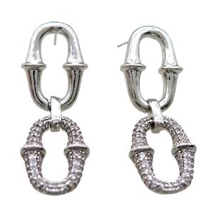 copper Stud Earring paved zircon, platinum plated, approx 14-40mm