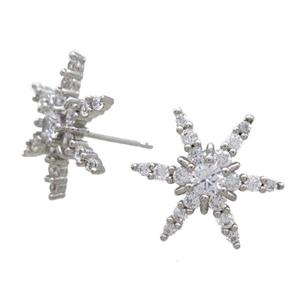 copper Studs Earrings paved zircon, snowflake, platinum plated, approx 16mm dia