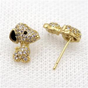 copper Studs Earrings paved zircon, dog, gold plated, approx 9-11mm