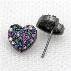 copper Studs Earrings paved zircon, heart, black plated, approx 10mm