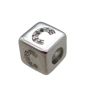 copper cube letter-C beads pave zircon, platinum plated, approx 8x8mm