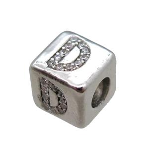 copper cube letter-D beads pave zircon, platinum plated, approx 8x8mm