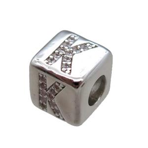 copper cube letter-K beads pave zircon, platinum plated, approx 8x8mm