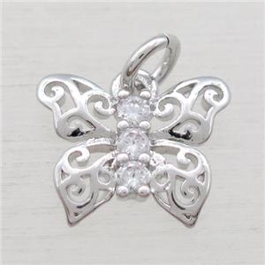 copper butterfly pendant paved zircon, platinum plated, approx 10-12mm