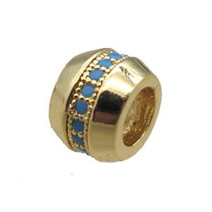 copper rondelle beads paved zircon, gold plated, approx 7.5mm, 4mm hole