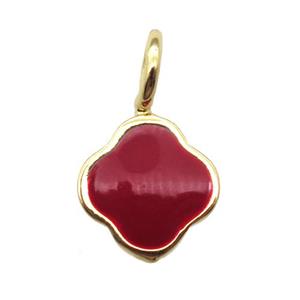 copper clover pendant with red enameling, gold plated, approx 8mm dia