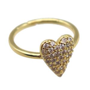 copper Rings pave zircon, heart, Resizable, gold plated, approx 10-12mm, 20mm dia