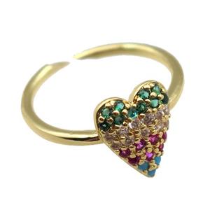 copper Rings pave zircon, heart, Resizable, gold plated, approx 10-12mm, 20mm dia