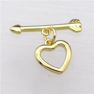 copper toggle clasp, heart, gold plated, approx 11mm, 20mm