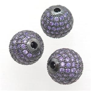 round copper beads pave purple zircon, black plated, approx 8mm dia