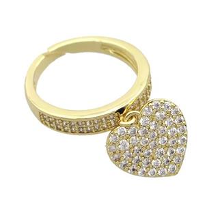 copper Rings pave zircon with heart, gold plated, approx 13mm, 17mm