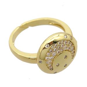 copper Rings pave zircon with moon, gold plated, approx 14mm, 17mm