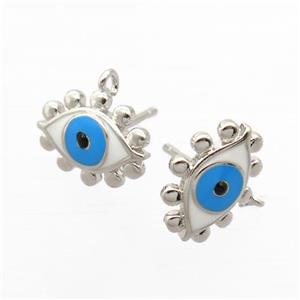 copper Stud Earrings, enamel evil eye, platinum plated, approx 9-13mm