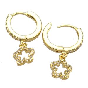 copper Hoop Earrings pave zircon with flower, gold plated, approx 8mm, 14mm dia