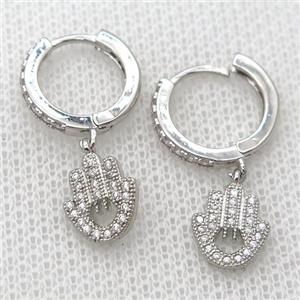 copper Hoop Earrings pave zircon with hamsahand, platinum plated, approx 8-10mm, 14mm dia