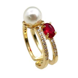 copper Rings paved zircon, adjustable, gold plated, approx 20mm dia