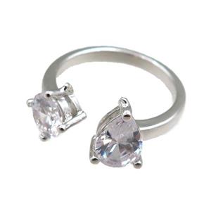 copper Rings paved zircon, adjustable, platinum plated, approx 5mm, 6x8mm, 20mm dia