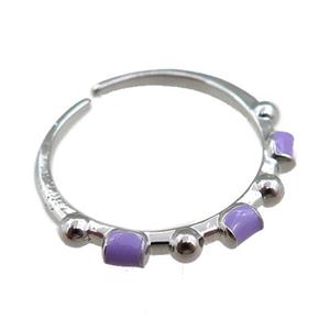 copper Rings with purple enameled, adjustable, platinum plated, approx 20mm dia