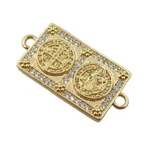 copper Saint Religious connector pave zircon, rectangle, gold plated, approx 16-26mm