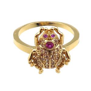 copper Ring pave zircon with frog, gold plated, approx 12-16mm, 20mm dia