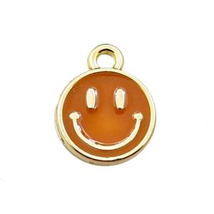 copper emoji pendant with brown enameled, smile face, gold plated, approx 10mm