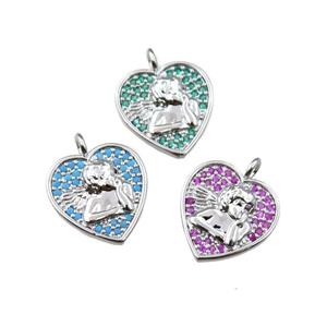 copper heart pendant pave zircon, angel, platinum plated, mix, approx 14mm