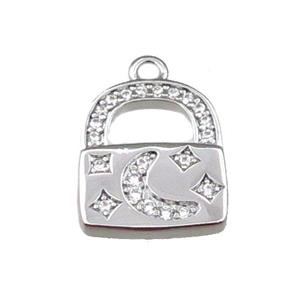 copper Lock pendant pave zircon, platinum plated, approx 12-14mm