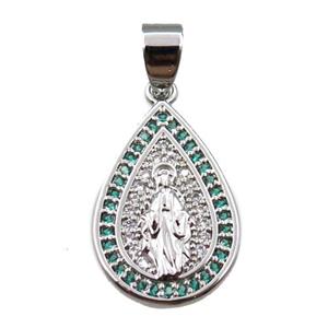 copper teardrop pendant pave zircon, jesu, platinum plated, approx 14-20mm