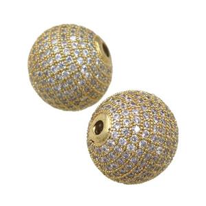 round copper beads paved zircon, gold plated, approx 16mm dia