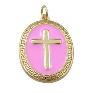 copper oval pendant with pink enameled, cross, gold plated, approx 17-22mm