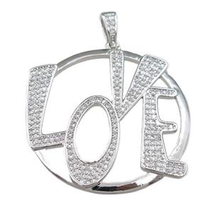 copper LOVE pendant pave zircon, platinum plated, approx 37mm