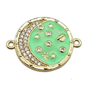 copper circle connector with moon, enameled, gold plated, approx 20mm dia