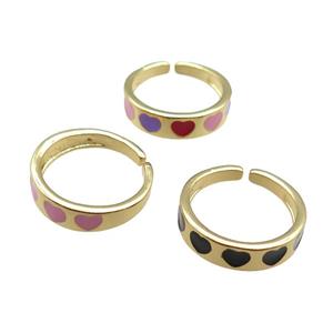 Copper Rings with enameling heart, mixed, adjustable, gold plated, approx 5.5mm, 18mm dia