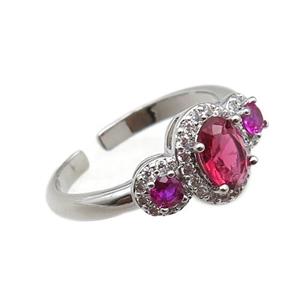 adjustable copper ring pave hotpink zircon, platinum plated, approx 9-15mm, 18mm dia