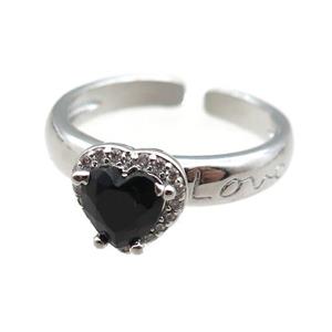 adjustable copper ring with heart pave zircon, platinum plated, approx 9mm, 18mm dia