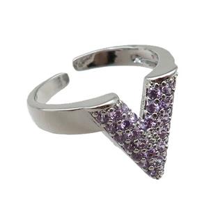 adjustable copper ring pave zircon, platinum plated, approx 14mm, 18mm dia