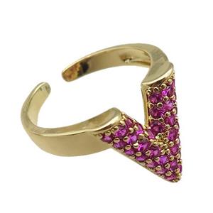 adjustable copper ring pave hotpink zircon, gold plated, approx 14mm, 18mm dia