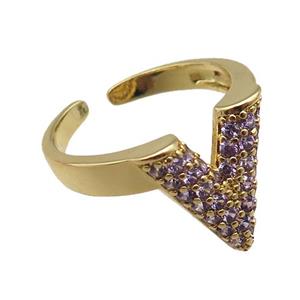 adjustable copper ring pave purple zircon, gold plated, approx 14mm, 18mm dia