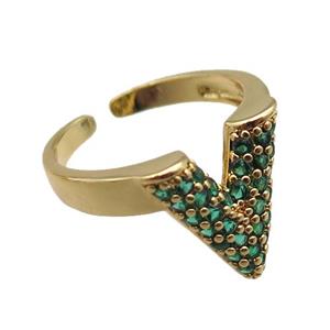 adjustable copper ring pave green zircon, gold plated, approx 14mm, 18mm dia