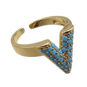 adjustable copper ring pave zircon, gold plated, approx 14mm, 18mm dia