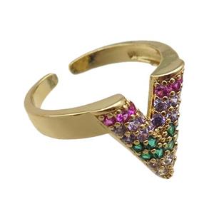 adjustable copper ring pave zircon, gold plated, approx 14mm, 18mm dia